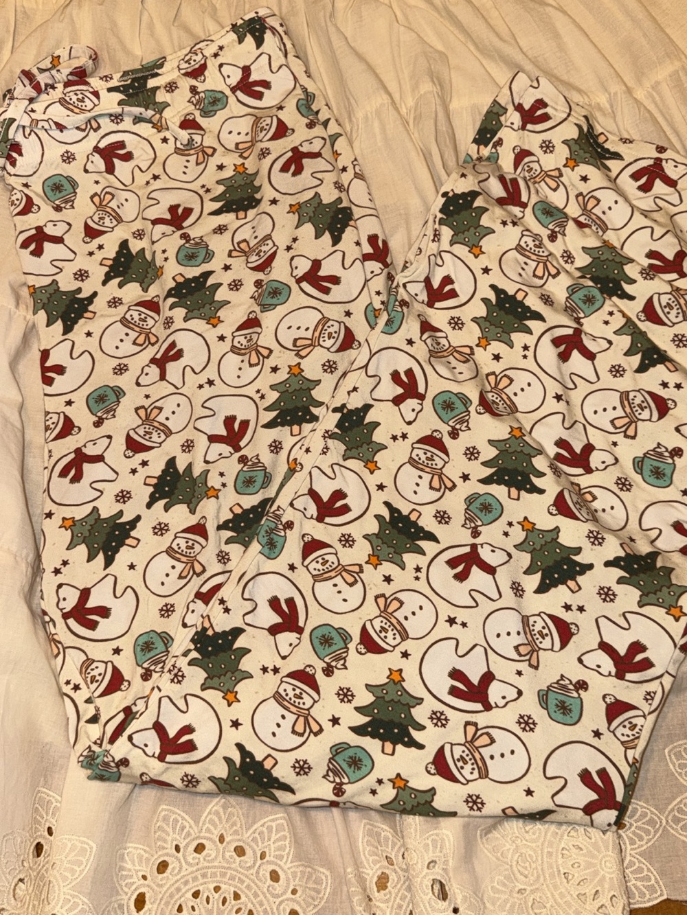 Caden Lane White Holiday Snowman & Christmas Tree Pajama Pants